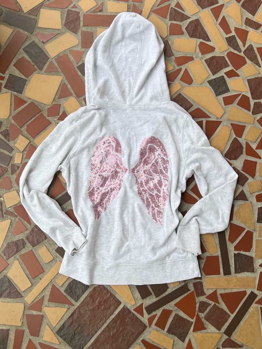 Y2K Style Victoria's Secret Light Gray Hoodie with Pink Sequin Angel Wings